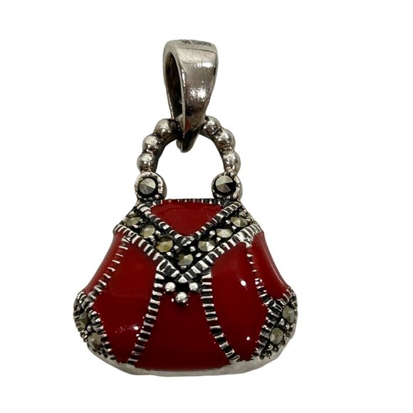 Women’s Pendant Red Enamel Purse Sterling Silver 925 Vintage Marcasite Stones - Picture 13 of 15
